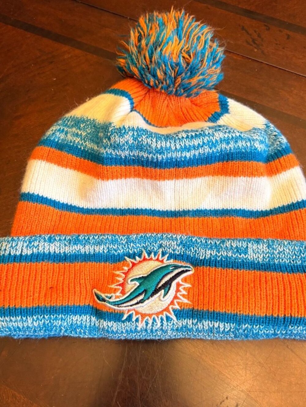 New Era Miami Dolphins Fleece Lined Striped Pom Beanie Hat NFL